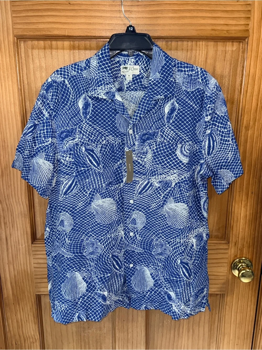 NWT J. Crew Blue and White Shell-Print Short Sleeve Button-Down Shirt-M